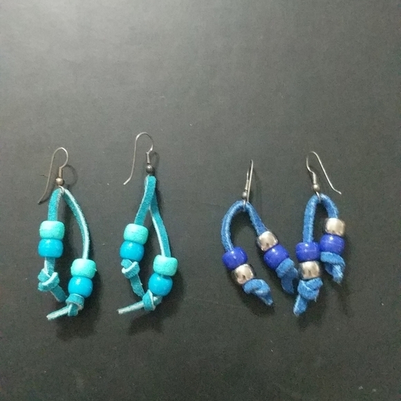 Leather and Beads Dangle Earrings - Set of 2 - Turquoise and Navy - Picture 1 of 3